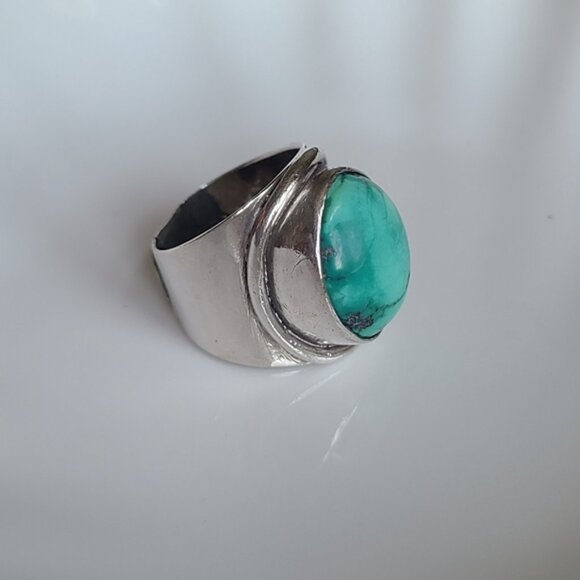 Vintage Boho Sterling Silver Chunky Western Turquoise Large Cabochon Ring 8 - Picture 4 of 11